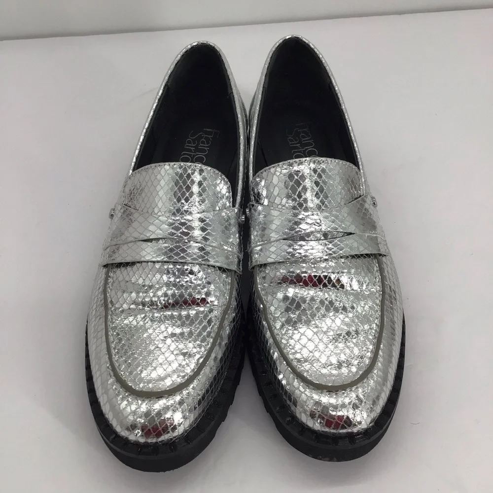 Franco Sarto Cassandra Platform Penny Loafer Snake Embossed Silver Size 7.5